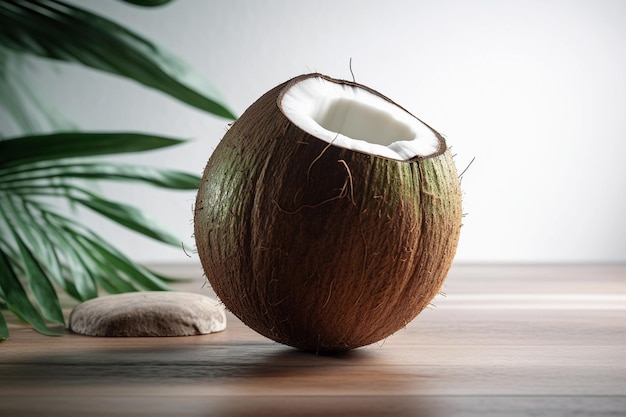 Une noix de coco avec une feuille de palmier en arrière-plan