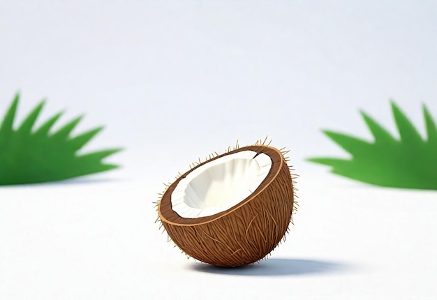 Une noix de coco avec des feuilles sur un fond blanc
