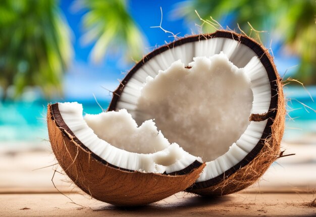 Noix de coco fissurée sur un fond tropical flou IA générative