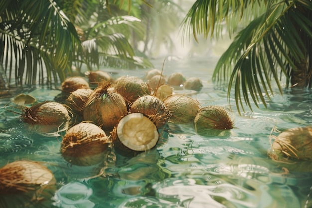 Des noix de coco flottant dans l'eau