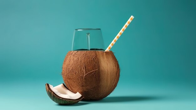 Noix de coco sur fond bleu avec une paille à cocktail Generative Ai