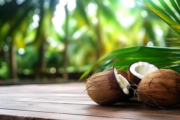 Noix de coco sur fond de table en bois IA générative