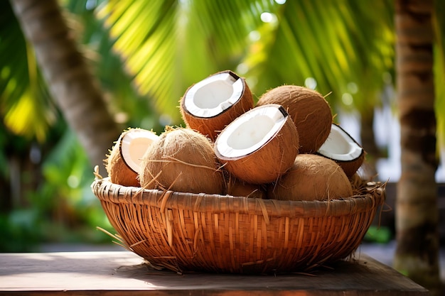 Photo des noix de coco fraîches dans un panier
