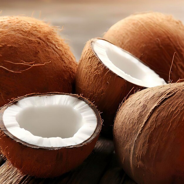 Noix de coco fraîches sur une table en bois