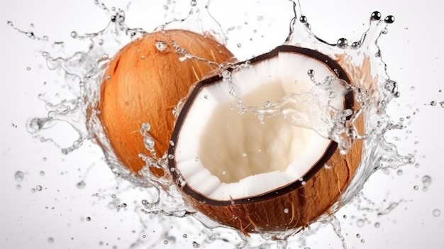 Noix de coco de fruits frais avec des éclaboussures d'eau sur fond blanc