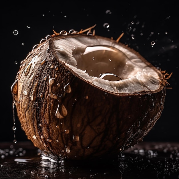 Une noix de coco avec des gouttes d'eau dessus