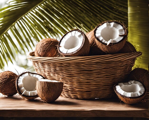 Noix de coco mûres et appétissantes dans un panier débordant