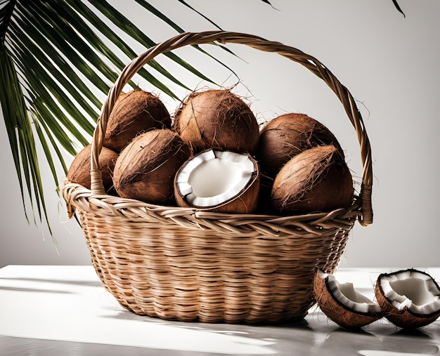 Noix de coco mûres et appétissantes dans un panier débordant