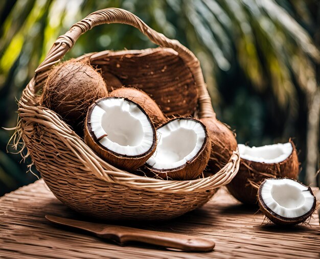 Des noix de coco mûres et appétissantes dans un panier débordant