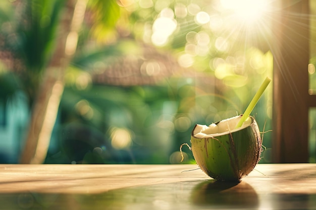 Noix de coco ouverte avec de la paille sur la table