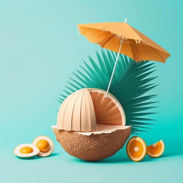 Une noix de coco avec un parapluie orange dessus