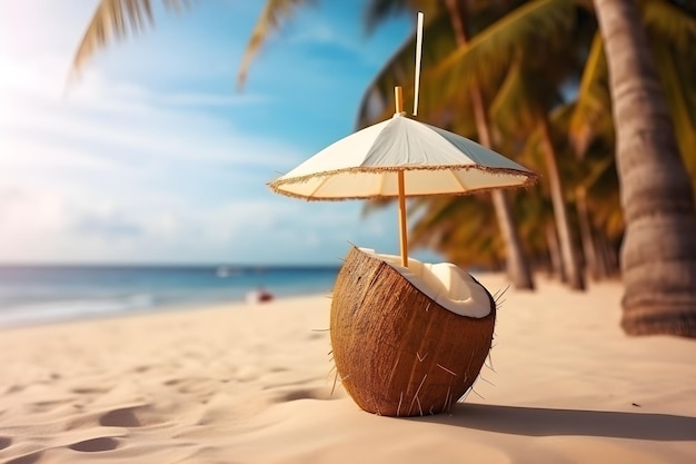 Une noix de coco avec un parasol dessus se trouve sur une plage.