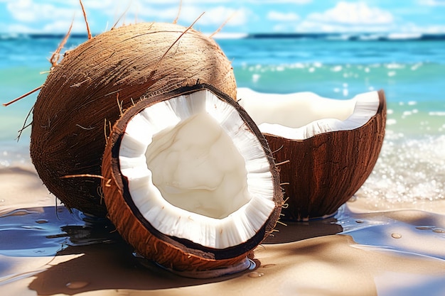 Noix de coco sur la plage avec l'océan en arrière-plan