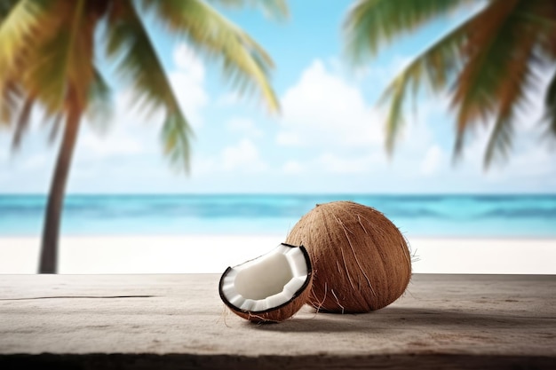 Noix de coco sur une plage avec un palmier en arrière-plan