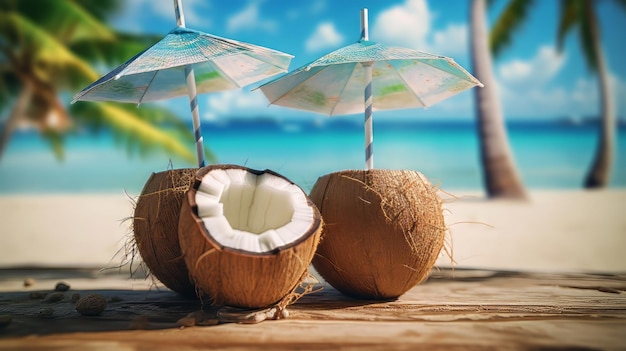 des noix de coco sur une plage avec un parapluie de plage et un parasol de plage
