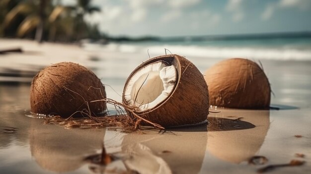 Noix de coco sur la plage avec une place pour le lait ou la crème IA générative