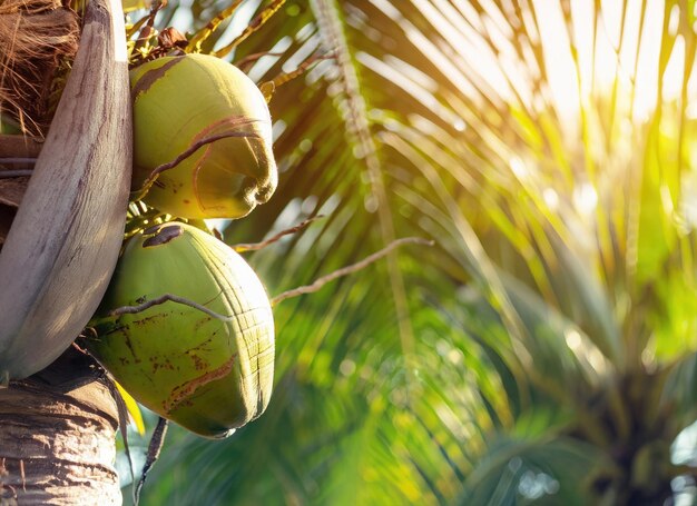 La noix de coco pousse sur un arbre dans le jardin de la récolte sur la lueur du soleil éternel AI généré