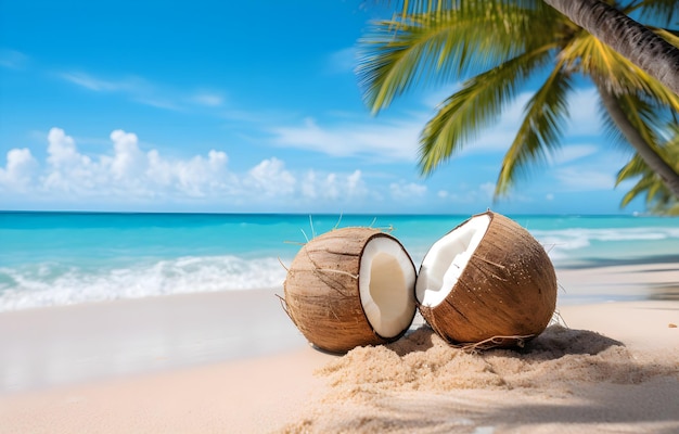 Photo des noix de coco sur le sable blanc de la plage sur les vagues bleues transparentes de l'océan