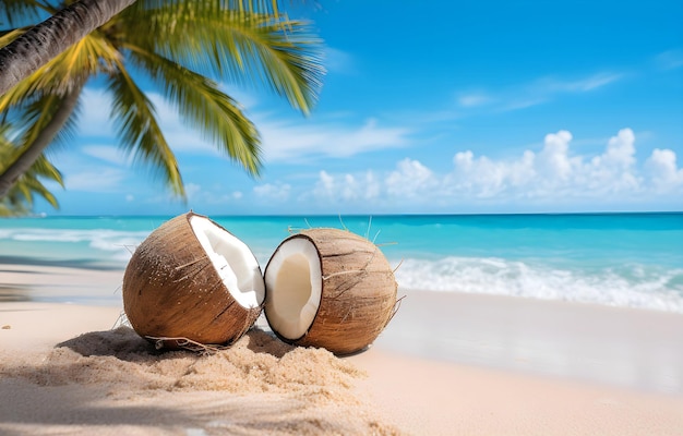 Photo des noix de coco sur le sable blanc de la plage sur les vagues bleues transparentes de l'océan