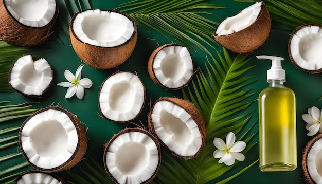 les noix de coco sont sur une surface verte avec des fleurs et des feuilles