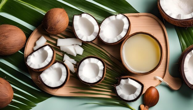 les noix de coco sont sur une table avec une plante en arrière-plan