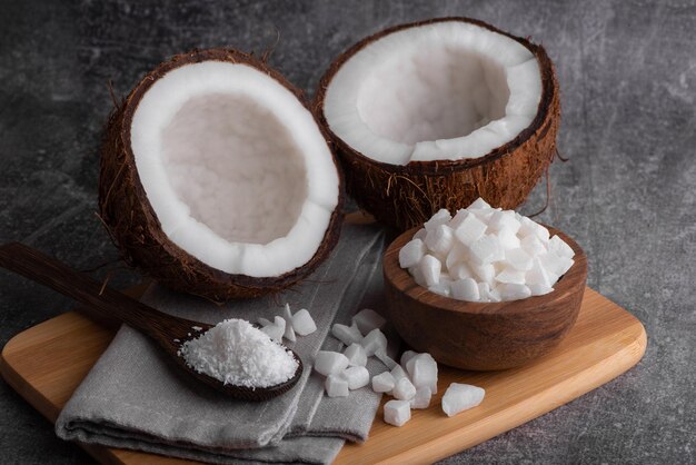 Photo noix de coco et sucre dans un bol sur une planche de bois