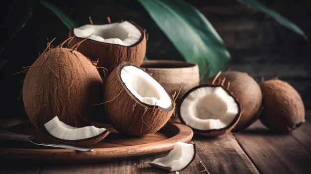 Noix de coco sur une table en bois avec une feuille verte en arrière-plan