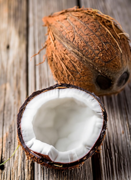 noix de coco sur une table en bois naturel