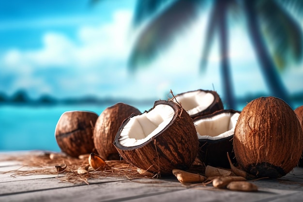 Noix de coco sur table en bois avec palmiers et fond de mer avec IA générée