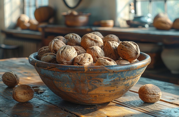 Noix dans un bol sur une table en bois