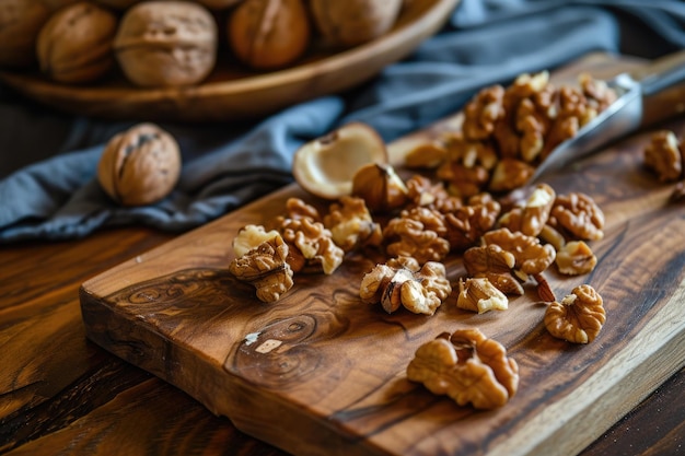 Noix entières non pelées et fissurées pelées sur une planche en bois sur une table rustique