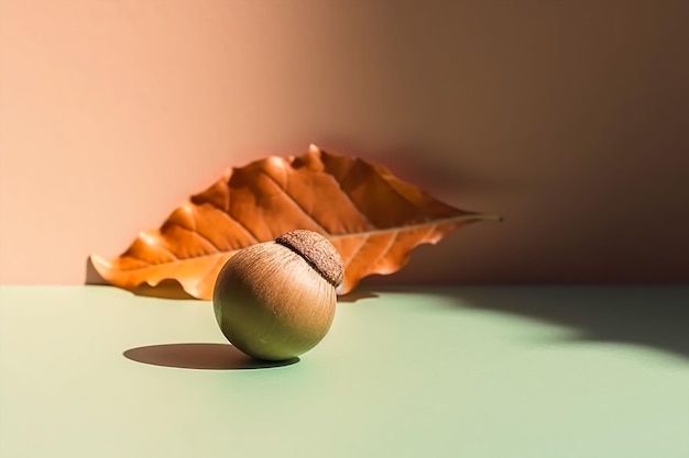 Une noix est posée sur une table verte à côté d'une feuille portant le mot noyer.