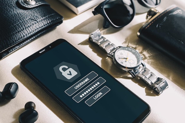 Nom d'utilisateur et mot de passe pour se connecter sur l'écran du téléphone portable concept de cybersécurité Protection des données