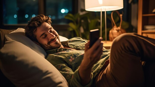 Un nomade numérique en chemise, allongé sur un lit confortable, regardant son téléphone portable
