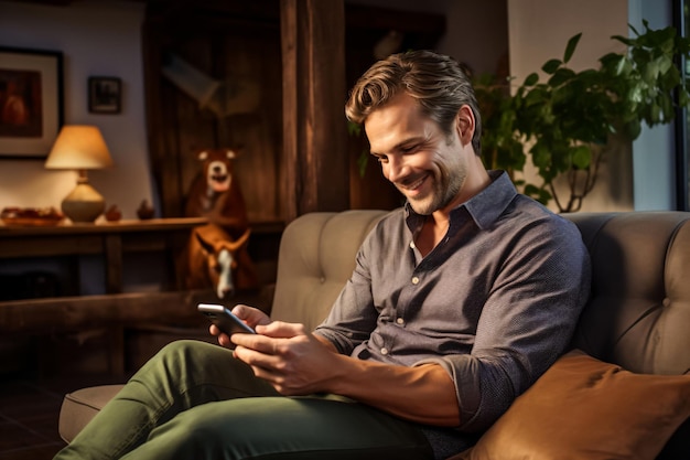 Un nomade numérique en chemise assis sur un canapé confortable et regardant son téléphone portable