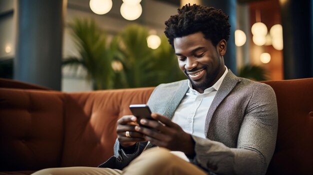 Un nomade numérique en costume assis sur un canapé confortable et regardant son téléphone