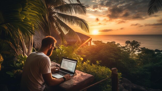 Nomade numérique masculin travaillant sur l'ordinateur portable dans la nature