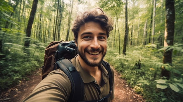 Nomade numérique Vlogger photo Blogger de voyage Randonnée et tournage dans la forêt de destination en prenant un selfie