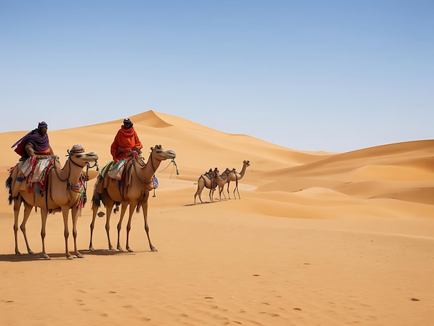 Un nomade touareg mène des chameaux à travers le désert du Sahara