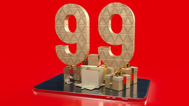 Le nombre 99 or sur le fond de la tablette pour la vente ou la promotion du concept de rendu 3D