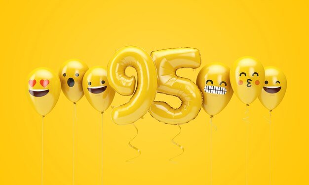 Nombre d'emoji d'anniversaire jaune fait face à des ballons d render