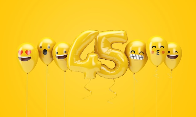 Nombre d'emoji d'anniversaire jaune fait face à des ballons d render