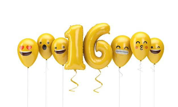 Nombre d'emoji d'anniversaire jaune fait face à des ballons d render