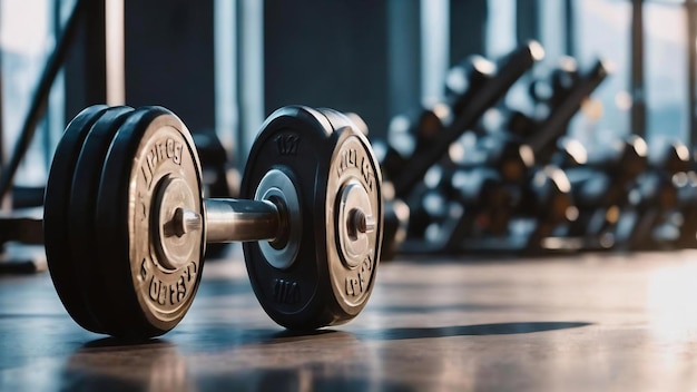 Nombre de poids d'haltères en gros plan dans la salle de sport sur un fond flou