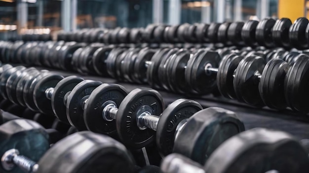 Nombre de poids d'haltères en gros plan dans la salle de sport sur un fond flou