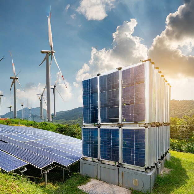 Photo nombre de systèmes de stockage d'énergie ou d'unités de conteneurs de batteries avec parc solaire et de turbines pour alternatives...