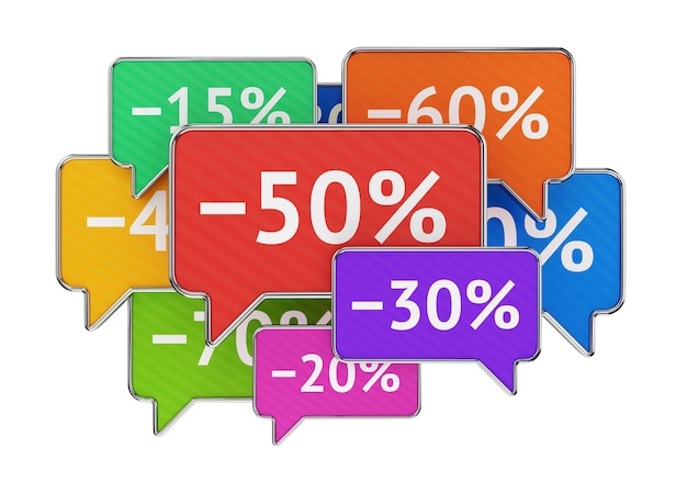 Nombres de pourcentage de remise dans des bulles colorées isolées sur fond blanc. Concept de promotion commerciale, de vente et de réduction des prix. illustration 3D.