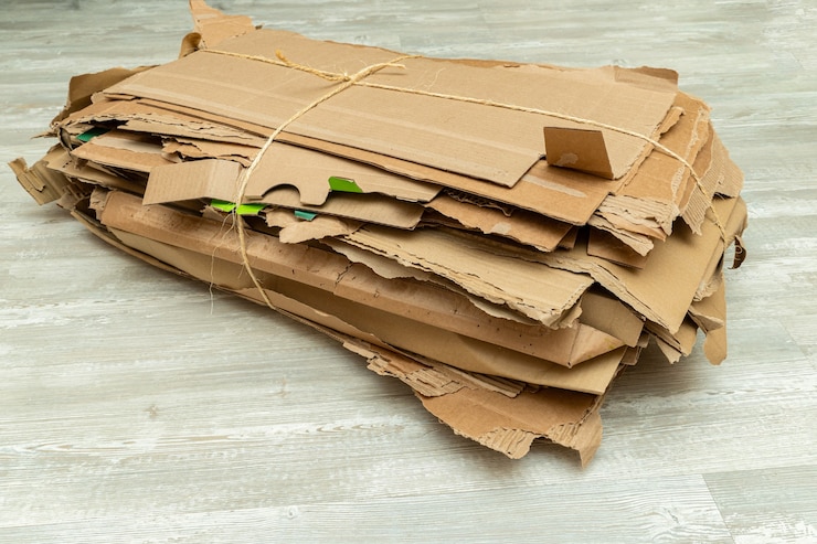 Photo de nombreuses boîtes en carton déchirées assemblées en paquet, empilées pour le recyclage