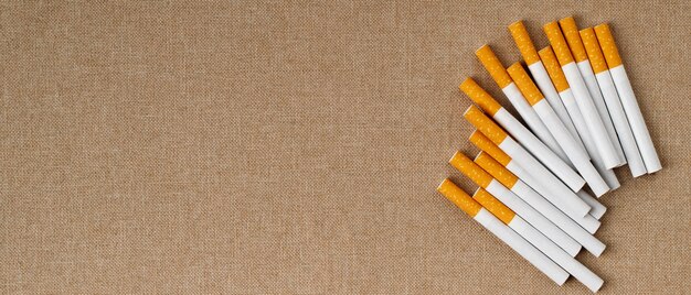 De nombreuses cigarettes sont placées sur le plancher en bois, elles sont nocives pour la santé.