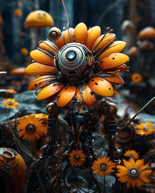 Photo de nombreuses couleurs et types de fleurs extraterrestres industrielles par devor dans le style cybernétique dieselpunk